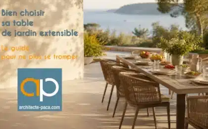 Table de jardin extensible dressée sur une terrasse pour un repas convivial.