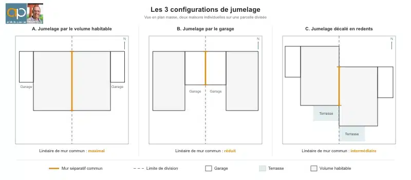 Schéma des 3 configurations de jumelage de maisons individuelles