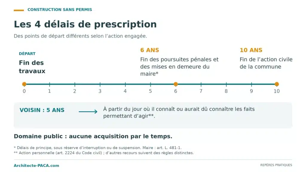 Frise des délais de prescription d'une construction sans permis : 6 ans au pénal et pour le maire, 10 ans pour la commune, 5 ans pour un voisin.