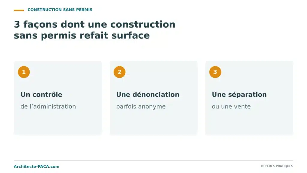 Les trois déclencheurs qui révèlent une construction sans permis : contrôle, dénonciation, séparation ou vente.