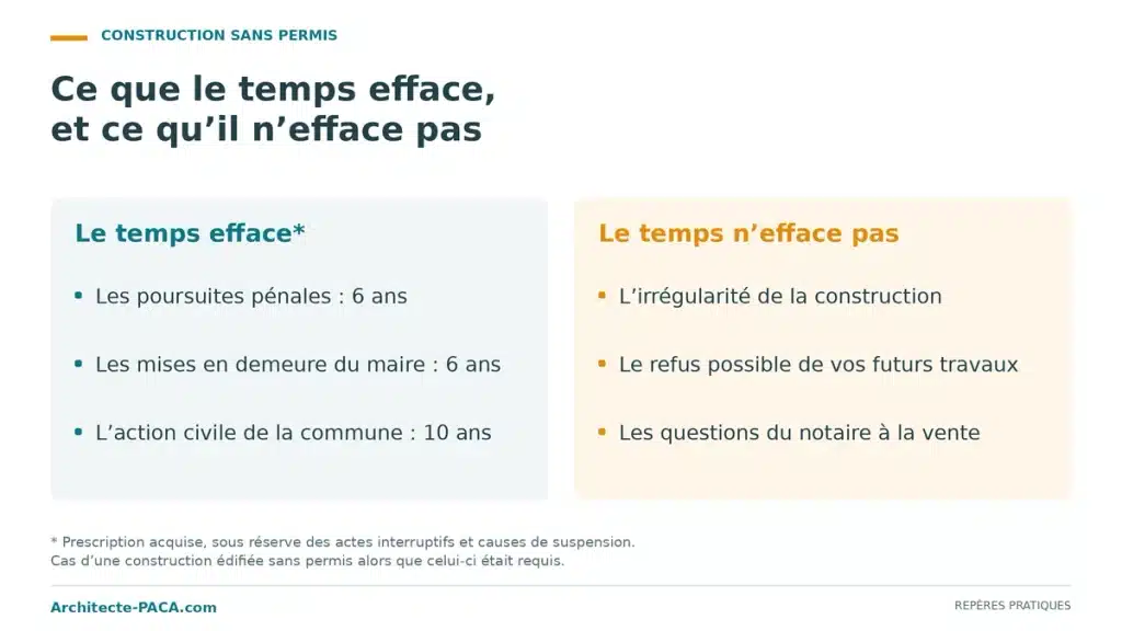 Comparatif de ce que la prescription efface et de ce qu'elle laisse en place pour une construction sans permis.