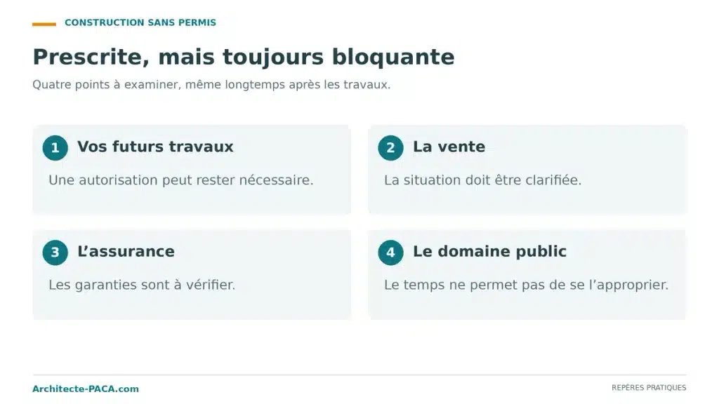 Les quatre conséquences d'une construction prescrite mais irrégulière : travaux, vente, assurance, domaine public.