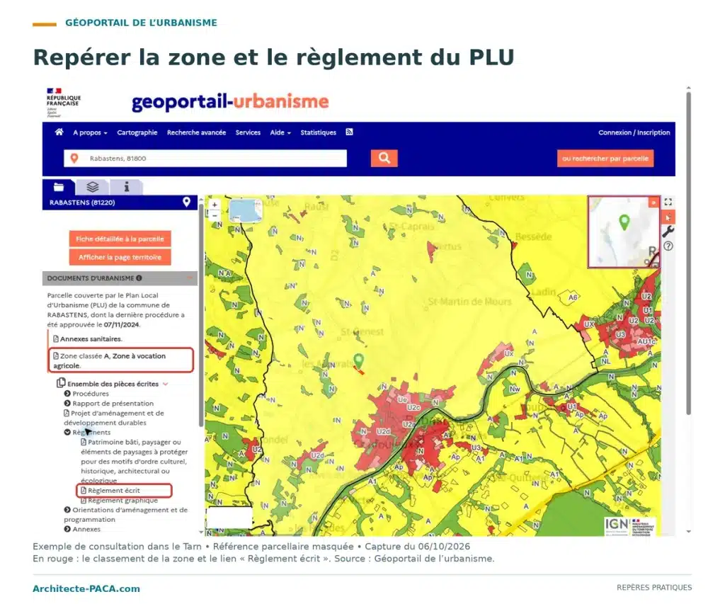 Recherche de la zone du PLU d'un terrain sur le Géoportail de l'urbanisme.