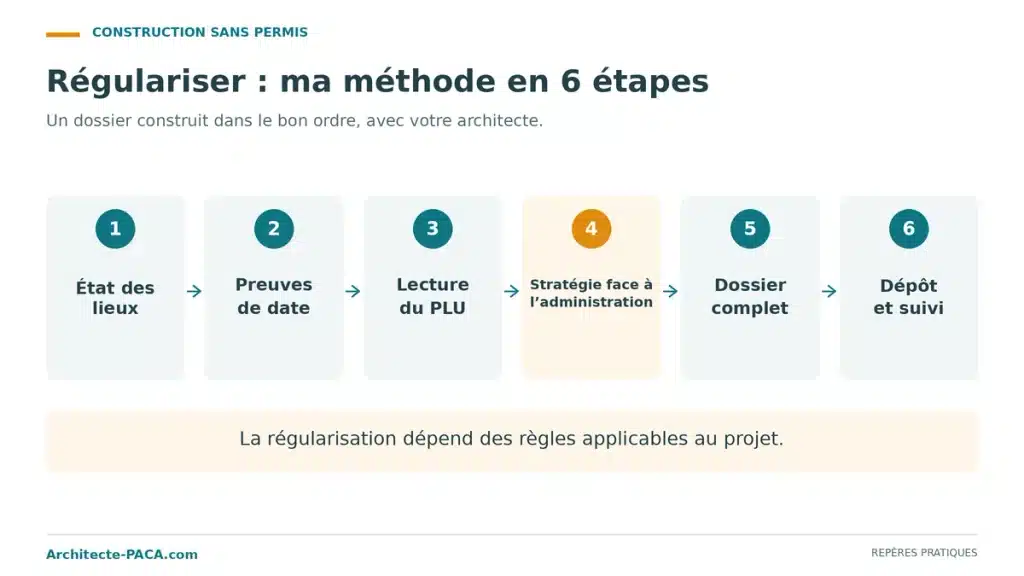 Les six étapes de la régularisation d'une construction sans permis par un architecte.