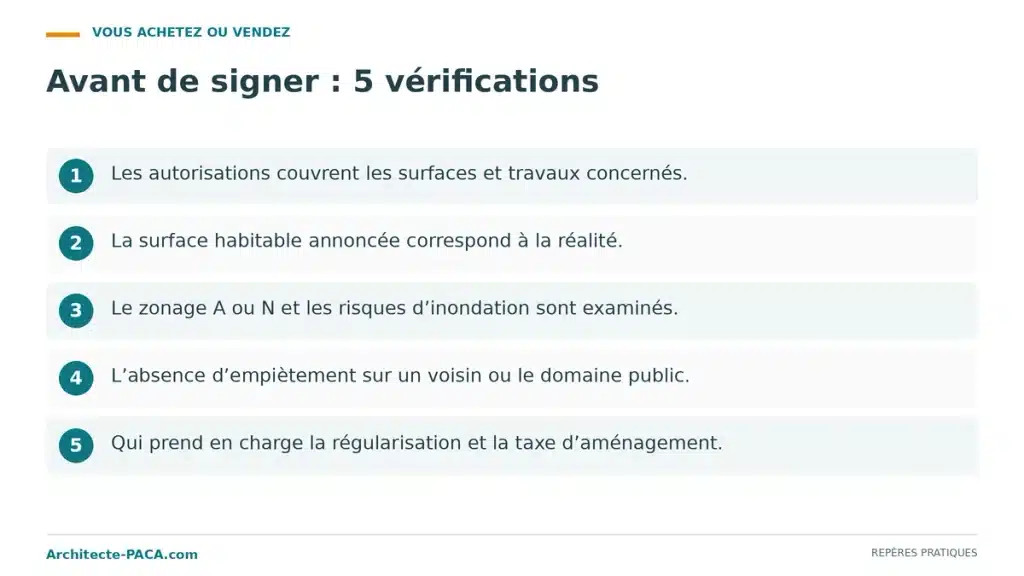 Liste des cinq vérifications à faire avant d'acheter un bien comportant une partie non déclarée.
